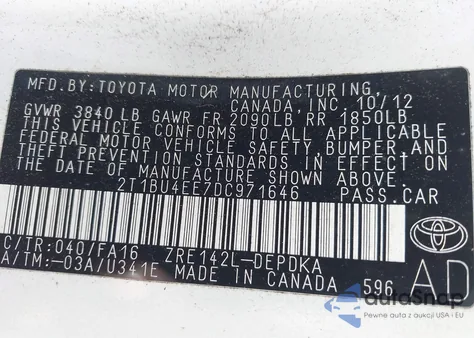 2013 Toyota Corolla L z USA, uszkodzony, nr VIN 2T1BU4EE7DC971646